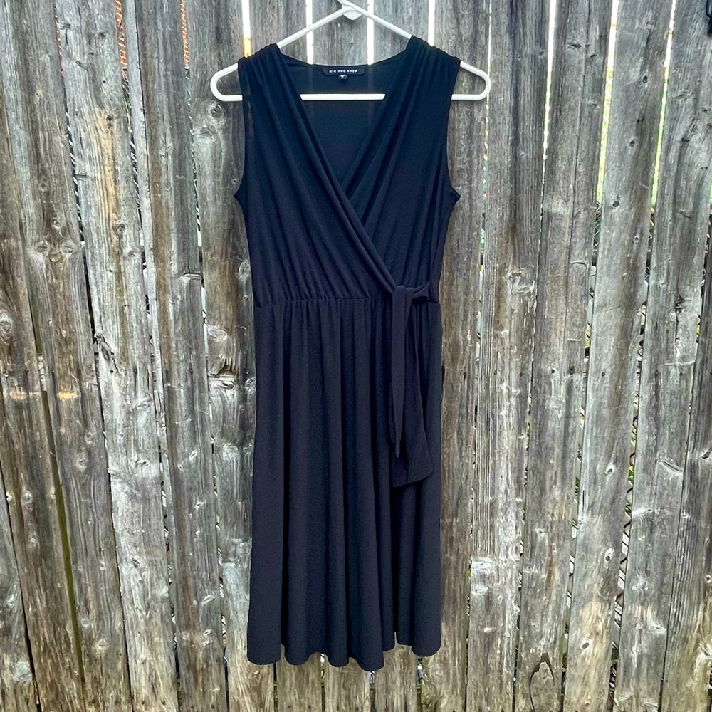 Black Faux Wrap Front Midi Dress